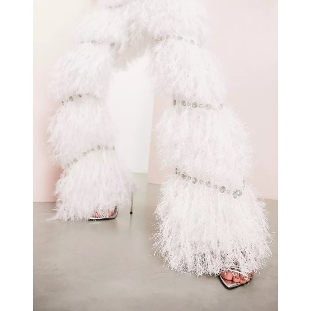 ASOS LUXE Faux Feather Pants w Embellishment NWT White - Picture 6 of 7
